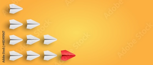 Individuality concept. Individual and unique leader red paper plane flies to the side. Vector