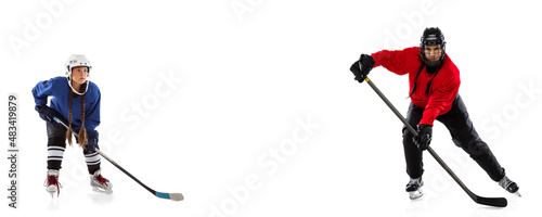 Photography Collage of woman and girl, professional hockey players posing isolated over whit
