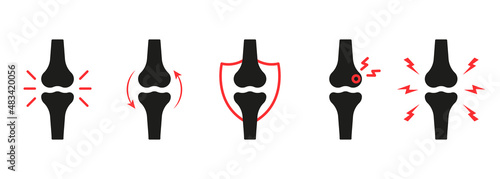 Knee Joint Pain Silhouette Icon Set. Ache of Knee, Hand, Leg Skeleton. Bones Pain, Injury and Inflammation. Arthritis, Osteoporosis and Bones Joint Illness Icon. Isolated Vector Illustration