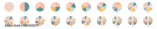 Pie chart color icons. Segment slice sign. Circle section graph. 1,20,19,18,16,9 segment infographic. Wheel round diagram part. Three phase, six circular cycle. Geometric element. Vector illustration