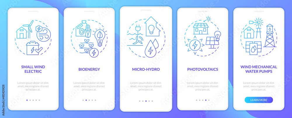Electrification technology blue gradient onboarding mobile app screen. Walkthrough 5 steps graphic instructions pages with linear concepts. UI, UX, GUI template. Myriad Pro-Bold, Regular fonts used