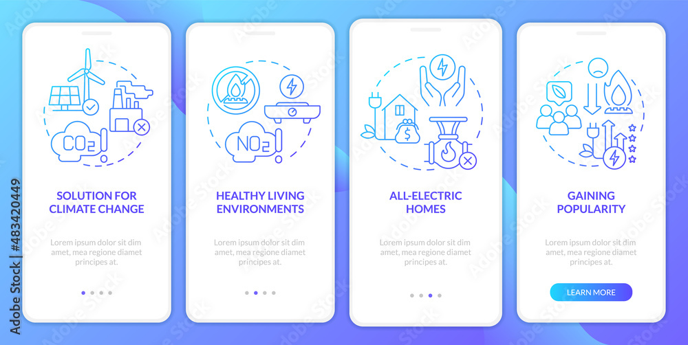 Benefits of electrification blue gradient onboarding mobile app screen. Walkthrough 4 steps graphic instructions pages with linear concepts. UI, UX, GUI template. Myriad Pro-Bold, Regular fonts used