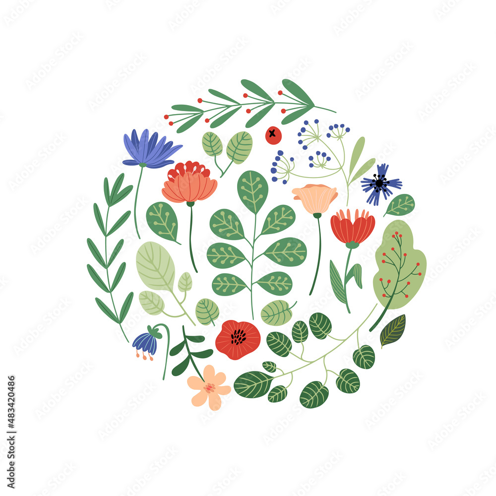 Spring and summer flowers and leaves vector illustration in circle shape, isolated on white background