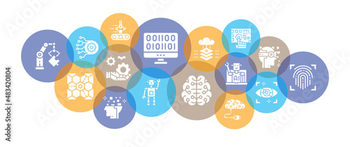 Artificial Intelligence design illustration concept. Robotics, Chatbot, Database, Big Data web banner for print advertisement.