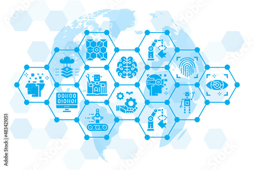 Artificial Intelligence icons web banner. Robotics, Chatbot, Database, Big Data promotion illustration for website and mobile development.
