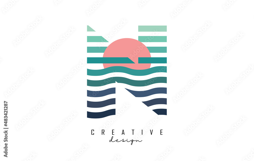 Letter N logo design with gradient lines and red half circle. Vector illustration with sea and sunset lines. Letter N logo design with gradient lines and red half circle. Vector illustration with sea and sunset lines.