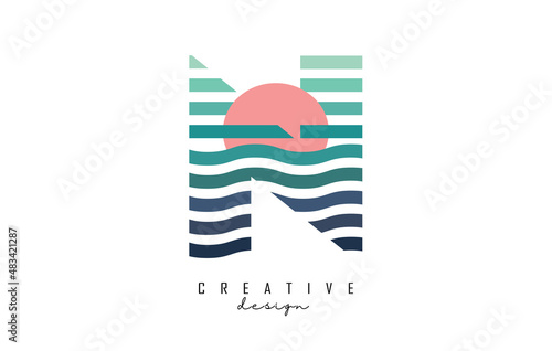 Letter N logo design with gradient lines and red half circle. Vector illustration with sea and sunset lines.