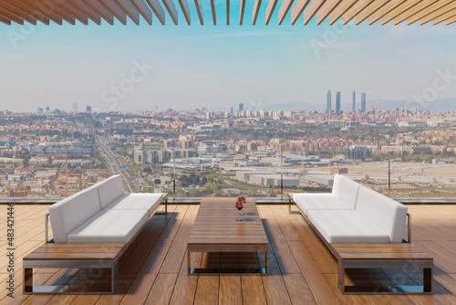 3D illustration of a sunny rooftop lounge with city view