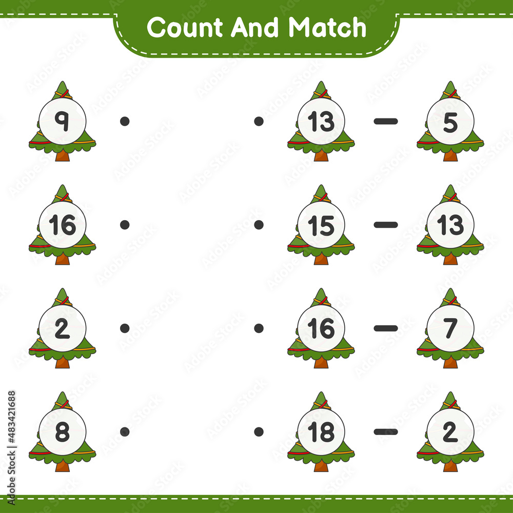 Count and match, count the number of Christmas Tree and match with the right numbers. Educational children game, printable worksheet, vector illustration Count and match, count the number of Christmas Tree and match with the right numbers. Educational children game, printable worksheet, vector illustration