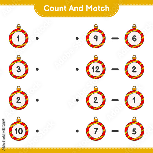 Count and match, count the number of Christmas Ball and match with the right numbers. Educational children game, printable worksheet, vector illustration