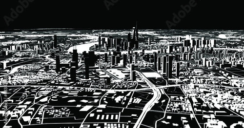 Satellite view of Shanghai  map of the city with house and building. Silhouette  black and white. Skyscrapers. China. People s Republic of China. 3d rendering 