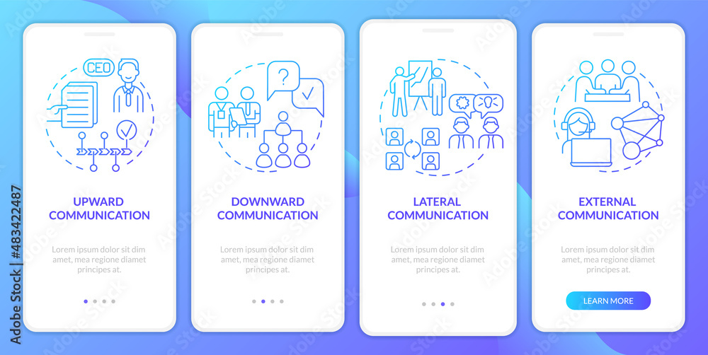 Business conversation types blue gradient onboarding mobile app screen. Walkthrough 4 steps graphic instructions pages with linear concepts. UI, UX, GUI template. Myriad Pro-Bold, Regular fonts used
