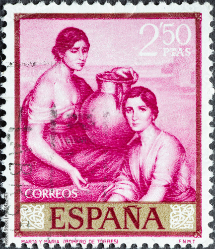 Spain - circa 1965: a postage stamp from Spain, showing a painting Marta and Maria (Romero de Torres)