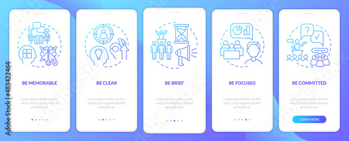 Business communication policy blue gradient onboarding mobile app screen. Walkthrough 5 steps graphic instructions pages with linear concepts. UI  UX  GUI template. Myriad Pro-Bold  Regular fonts used
