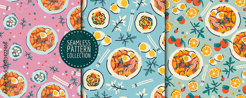 A set of seamless patterns with traditional Korean food. Tteokbokki rice cakes, boiled eggs, greens, fruits, berries. Vector background, wrapping paper, fabric in cartoon style