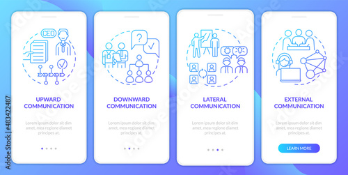 Business conversation types blue gradient onboarding mobile app screen. Walkthrough 4 steps graphic instructions pages with linear concepts. UI  UX  GUI template. Myriad Pro-Bold  Regular fonts used