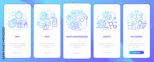 Advantages of no code blue gradient onboarding mobile app screen. Web 3 0 walkthrough 5 steps graphic instructions pages with linear concepts. UI, UX, GUI template. Myriad Pro-Bold, Regular fonts used