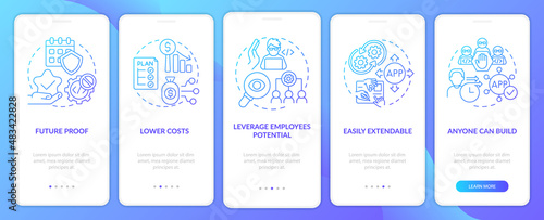 Benefits of no code blue gradient onboarding mobile app screen. Web 3 0 walkthrough 5 steps graphic instructions pages with linear concepts. UI, UX, GUI template. Myriad Pro-Bold, Regular fonts used