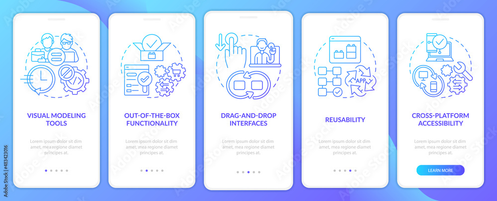 Low code platforms blue gradient onboarding mobile app screen. Web 3 0 walkthrough 5 steps graphic instructions pages with linear concepts. UI, UX, GUI template. Myriad Pro-Bold, Regular fonts used