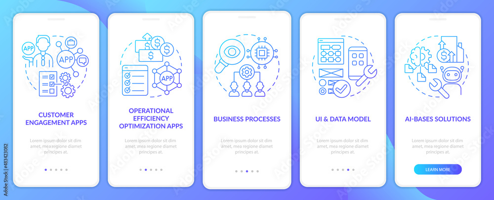 Apps with low code blue gradient onboarding mobile app screen. Web walkthrough 5 steps graphic instructions pages with linear concepts. UI, UX, GUI template. Myriad Pro-Bold, Regular fonts used