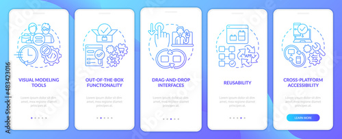 Low code platforms blue gradient onboarding mobile app screen. Web 3 0 walkthrough 5 steps graphic instructions pages with linear concepts. UI, UX, GUI template. Myriad Pro-Bold, Regular fonts used
