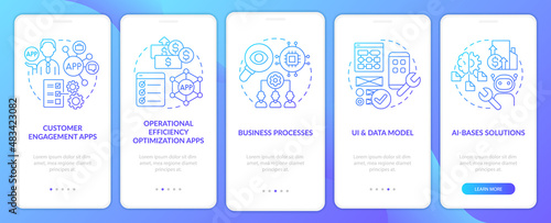 Apps with low code blue gradient onboarding mobile app screen. Web walkthrough 5 steps graphic instructions pages with linear concepts. UI, UX, GUI template. Myriad Pro-Bold, Regular fonts used