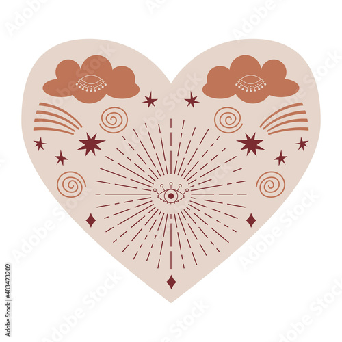 Symmetrical Mystical Heart with celestial and boho elements, clouds, comet, stars, eye. Decorative element for Valentine's day cards, packaging design. Color vector illustration isolated on white.