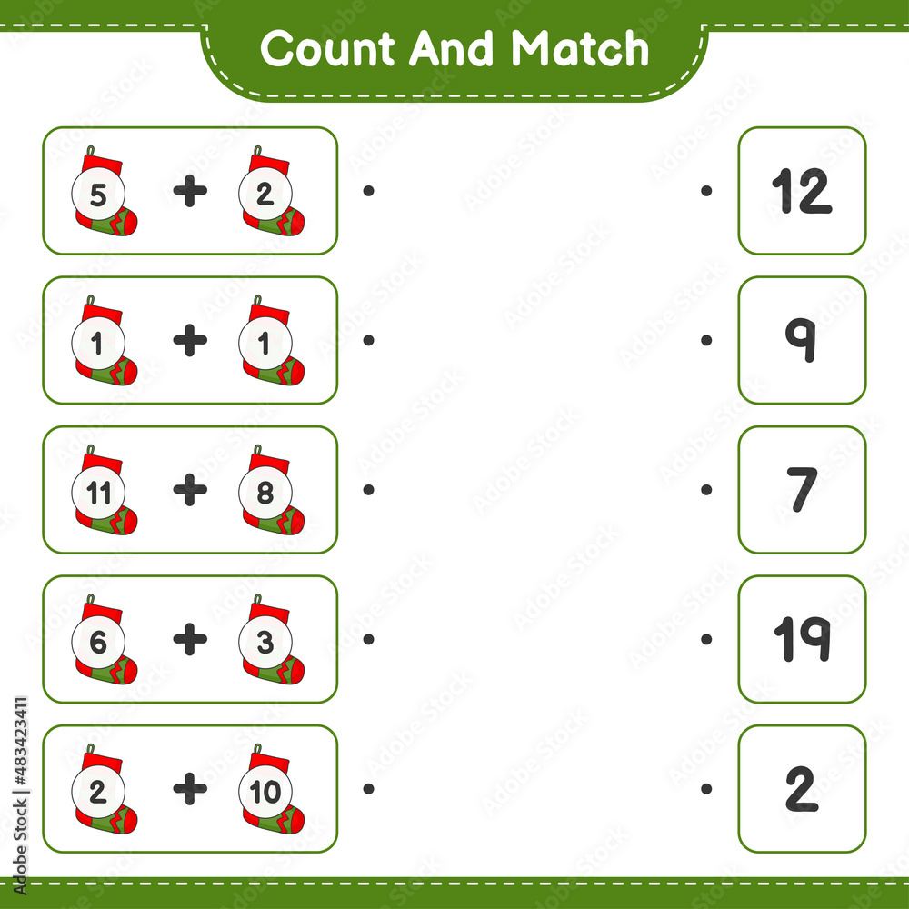 Count and match, count the number of Christmas Sock and match with the right numbers. Educational children game, printable worksheet, vector illustration Count and match, count the number of Christmas Sock and match with the right numbers. Educational children game, printable worksheet, vector illustration