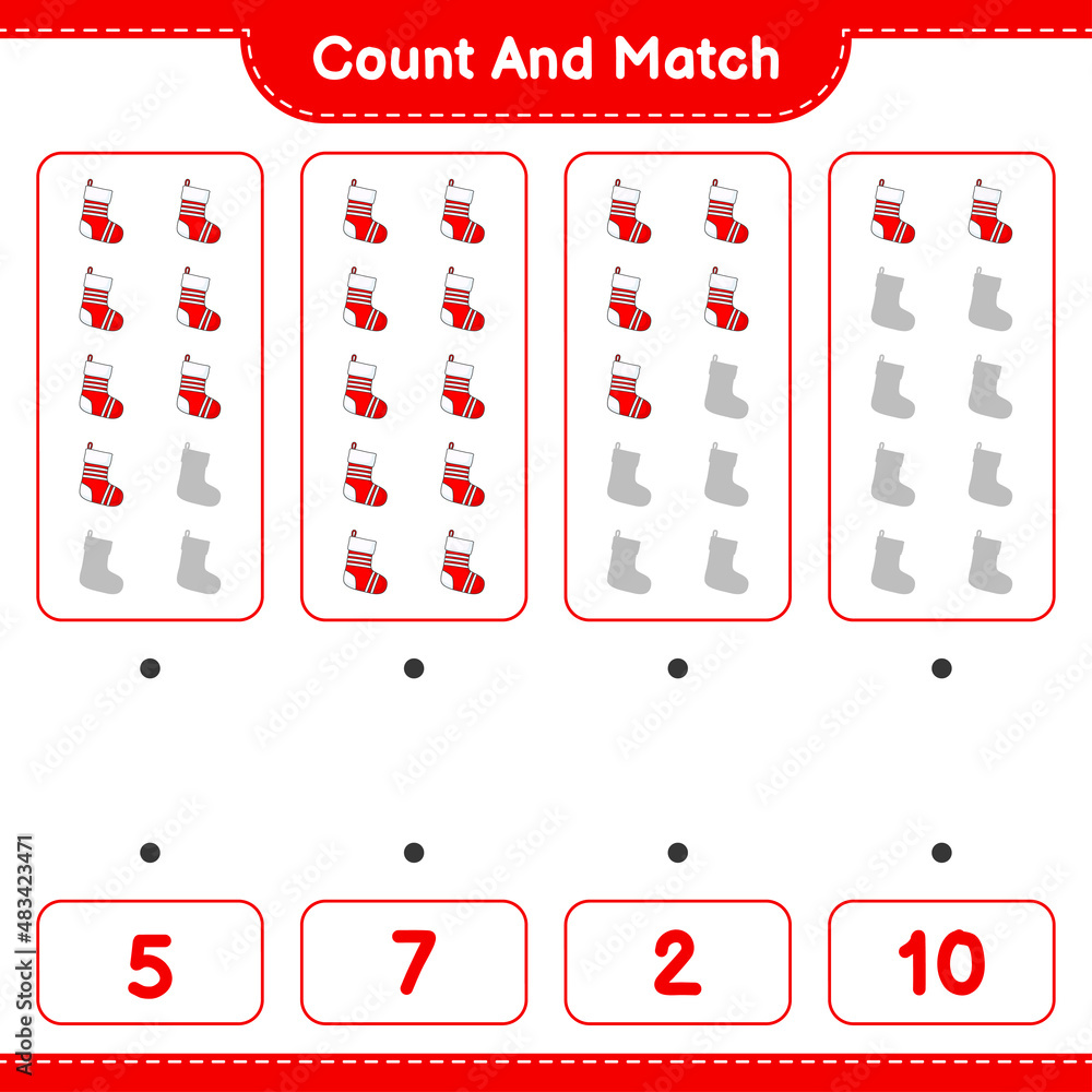 Count and match, count the number of Christmas Sock and match with the right numbers. Educational children game, printable worksheet, vector illustration Count and match, count the number of Christmas Sock and match with the right numbers. Educational children game, printable worksheet, vector illustration