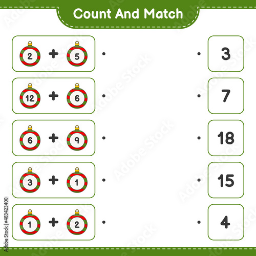 Count and match, count the number of Christmas Ball and match with the right numbers. Educational children game, printable worksheet, vector illustration