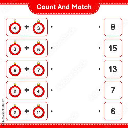 Count and match, count the number of Christmas Ball and match with the right numbers. Educational children game, printable worksheet, vector illustration