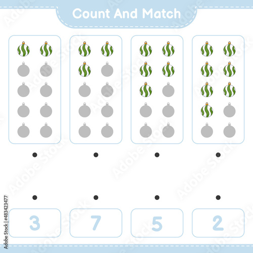 Count and match, count the number of Christmas Ball and match with the right numbers. Educational children game, printable worksheet, vector illustration