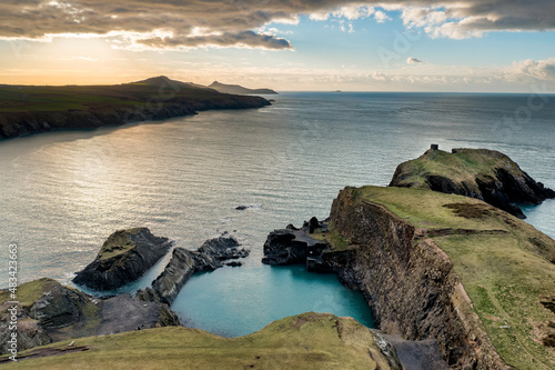 Aerial view of a rocky coastline and lagoon in Pembrokeshire, Wales (Blue Lagoon, Abereiddy) photo