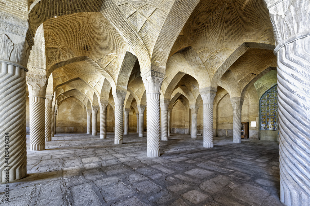 Shabestan pillars in the prayer hall, Vakil Mosque, Shiraz, Fars Province, Iran