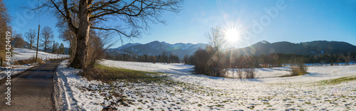 rural landscape Fischbachau, with mountain view and bright sunshine early in the year photo