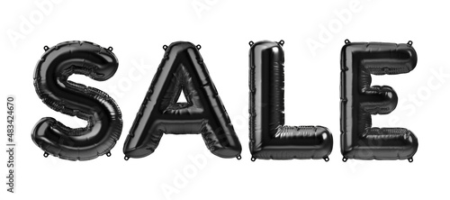3D Render of black inflatable foil balloon letters sale. Party decoration element. Black Friday, shopping, marketing. Word isolated on white background. Graphic element sign for web design