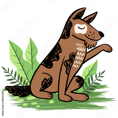 Cartoon cute dog in nature in doodle style. Happy puppy on vacation. Funny favorite pet. Sketch of a cheerful dog for prints, children's clothing, postcards. Vector illustration.