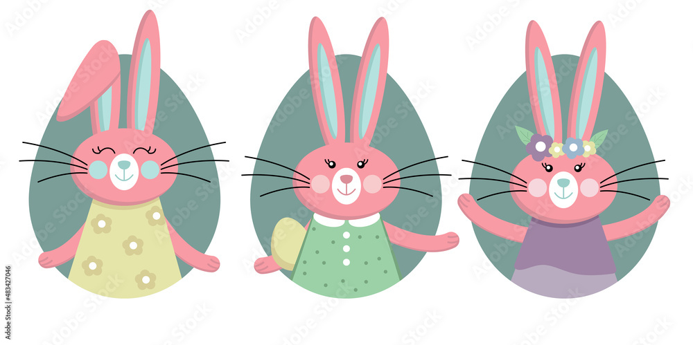 Obraz premium Set of cute Easter bunnies. Vector illustration of Easter bunnies. Collection of Easter elements for your design.