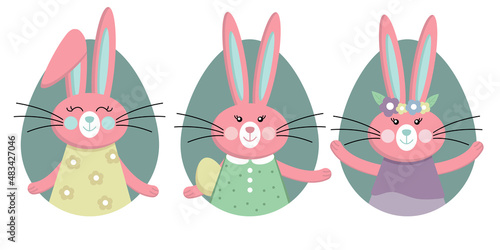 Set of cute Easter bunnies. Vector illustration of Easter bunnies. Collection of Easter elements for your design.