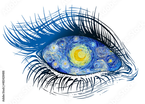 Concept vector illustration of realistic human eye of a girl with glowing bright yellow moon pupil on blue turbulent cloudy sky iris.