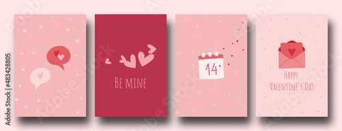 Ornate Happy Valentine's day cards with hearts and texte, simple and minimal with a copy space. Universal modern artistic templates.