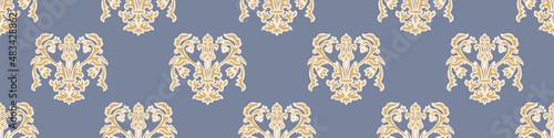 French fleur de lis royal lily seamless border. Farmhouse cottage banner. Lilies lys flower flourish motif rustic damask.