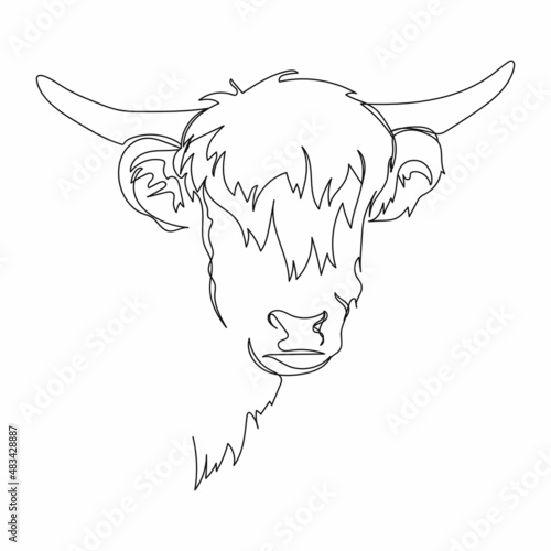 Continuous one simple single abstract line drawing of cattle horns hairy scottish highlands portrait animal concept icon in silhouette