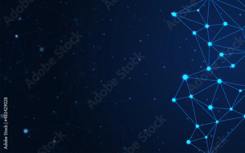 Presentation background with blue plexus line dot and light. Digital texture of bionic element or atom web. Science website structure