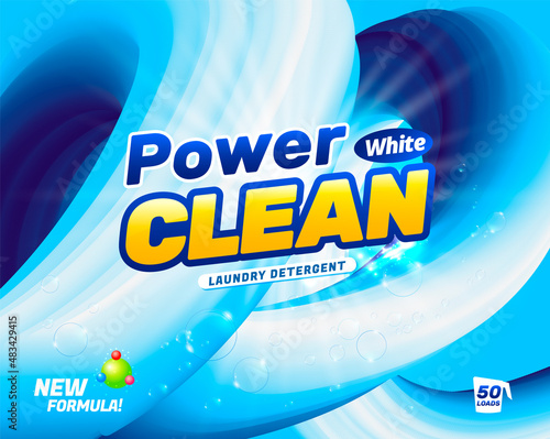 Package design for laundry detergent. Powder for washing white linen. Vector illustration