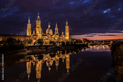 Cathedral-Basilica of Our Lady of the Pillar with evening lights   Roman Catholic church in the city of Zaragoza  Aragon 
