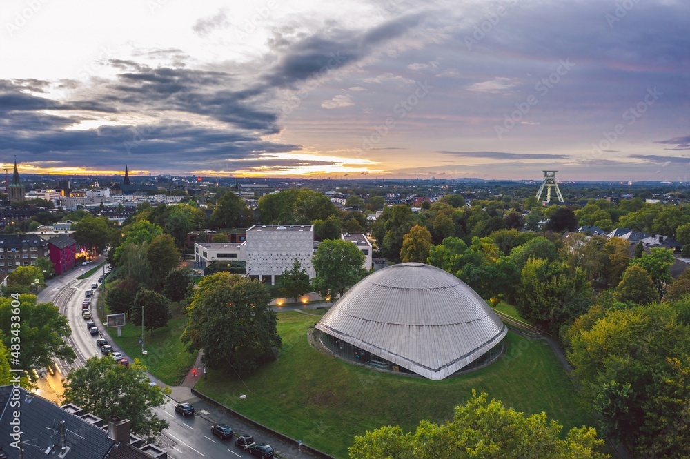 Aerial sunset cityscape of Bochum city, Germany