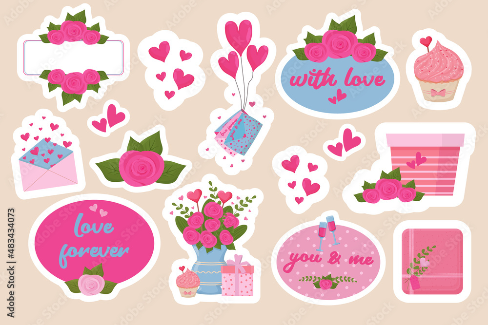 Romantic stickers set with frames, pink roses, gifts, love letter and cupcake in cute cartoon style isolated on white background. Romantic stickers set with frames, pink roses, gifts, love letter and cupcake in cute cartoon style isolated on white background.