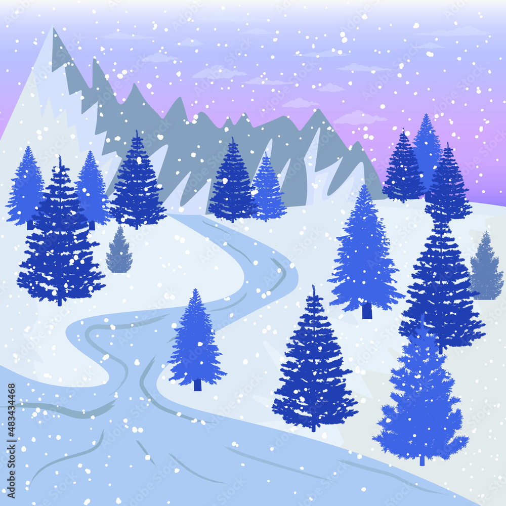 vector illustration of a winter river with fir trees and mountains