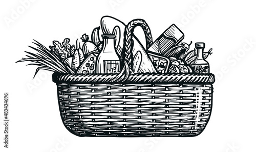 Food basket sketch. Supermarket shopping basket with organic food. Hand drawn vector illustration